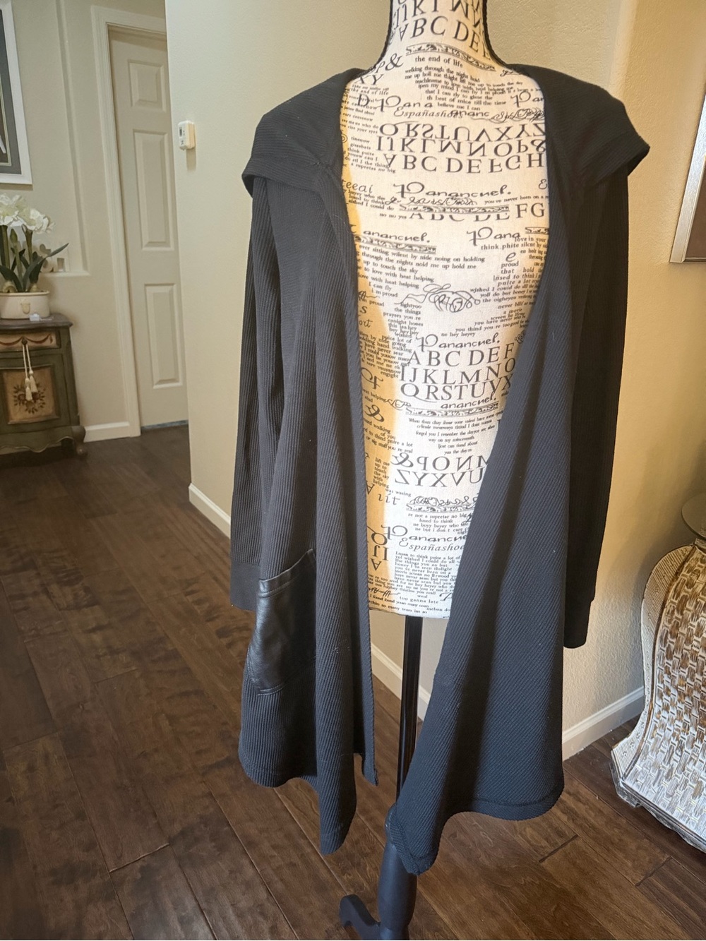 Serena Williams Black Open-Front Long Cardigan with Pocket Detail
